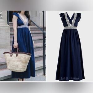 J.Crew Ruffle Deep V Neck Navy Linen Blend Maxi Dress Size Small